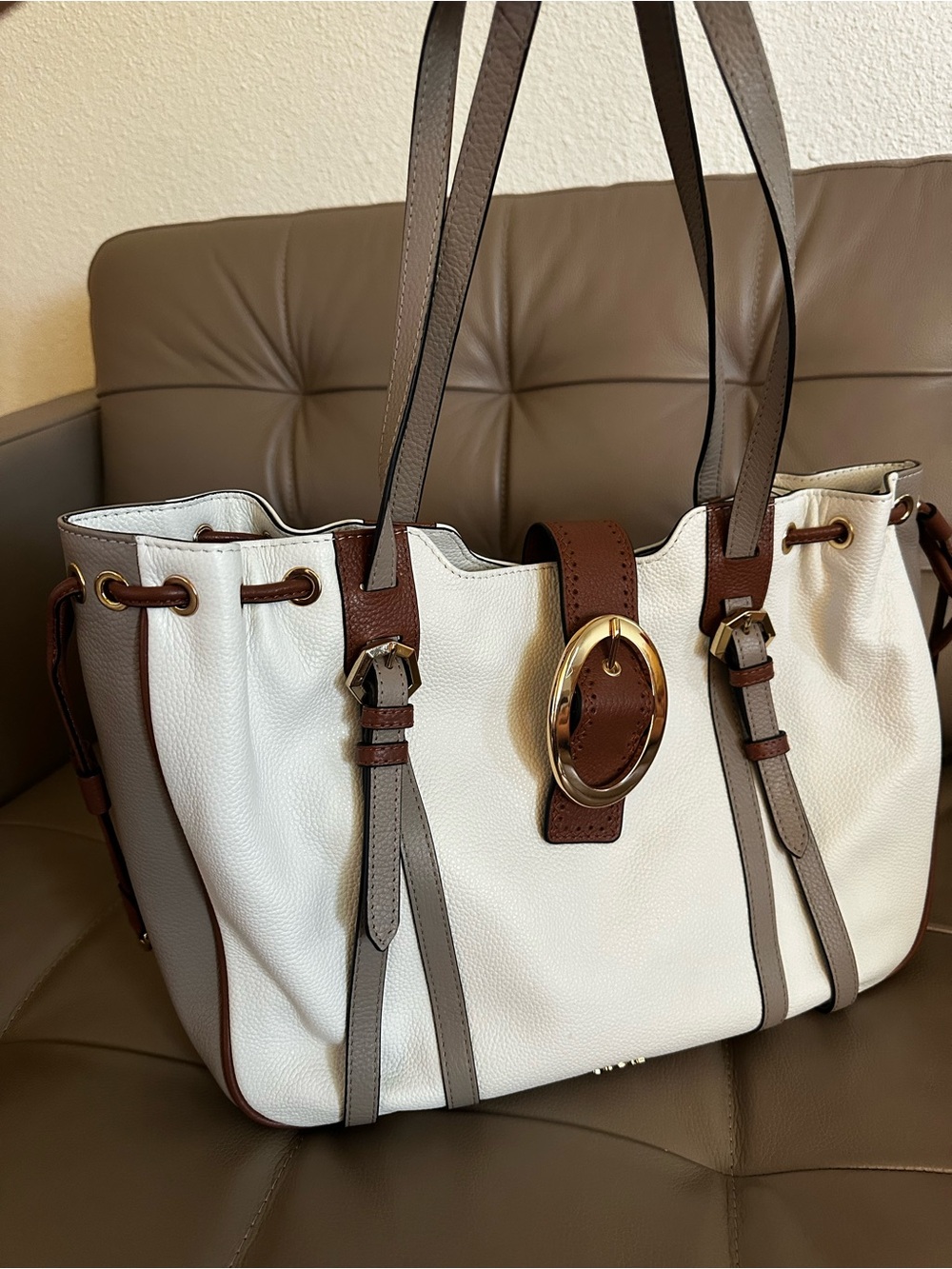 Lodis White Leather Tote with Brown Trim and Gold Ring Accent
